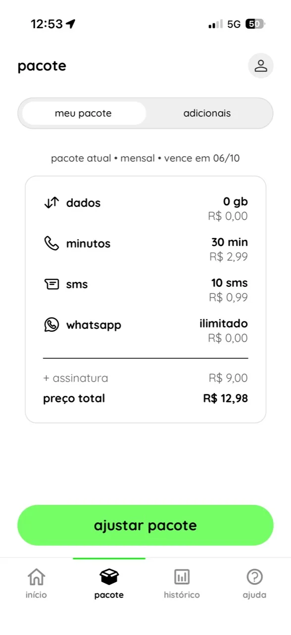fluke vale a pena: print do pacote personalizado com 30 minutos, 10 SMS e WhatsApp ilimitado