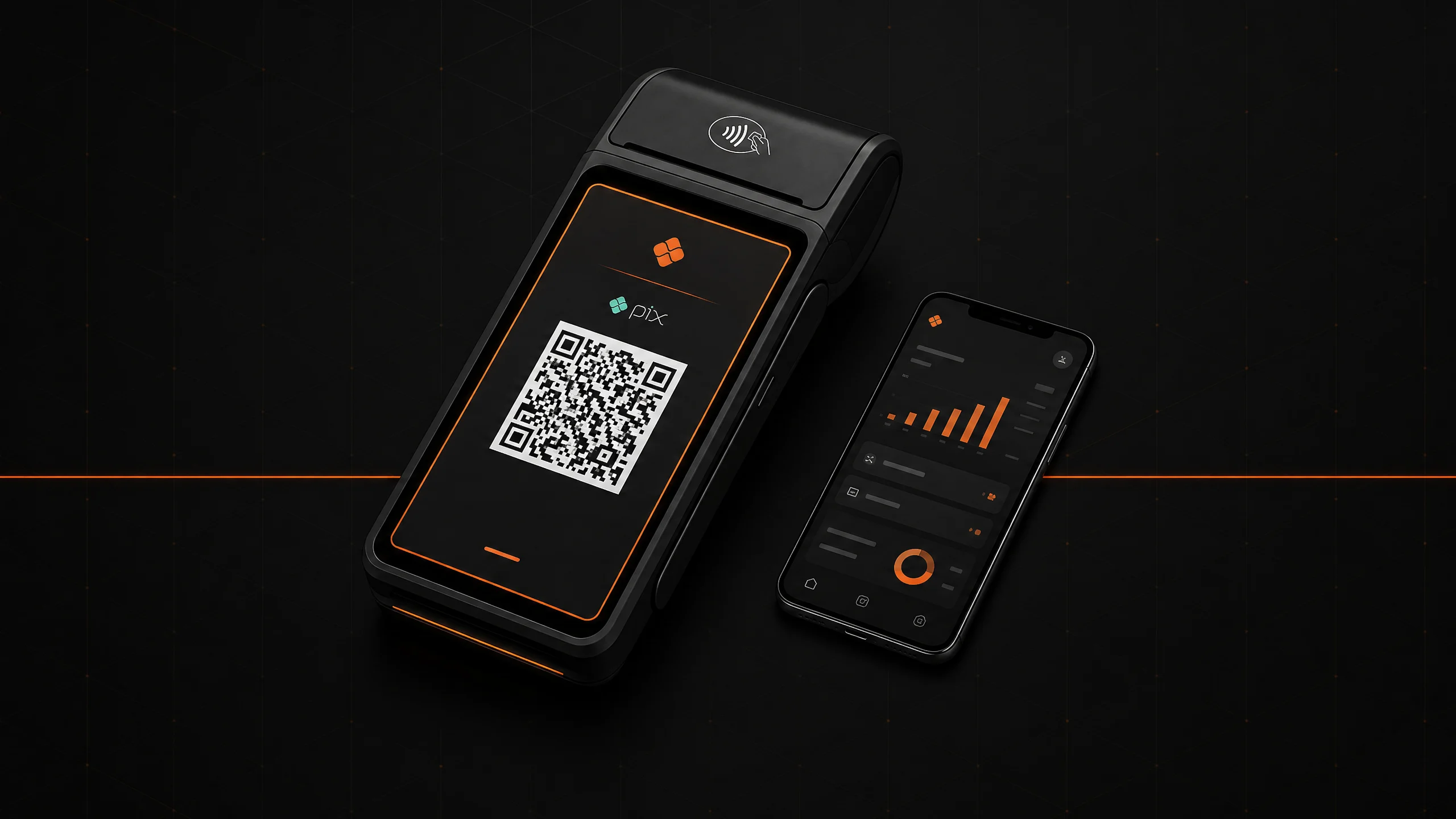 Maquininha InfinitePay Smart com Pix QR Code e aplicativo fintech no celular